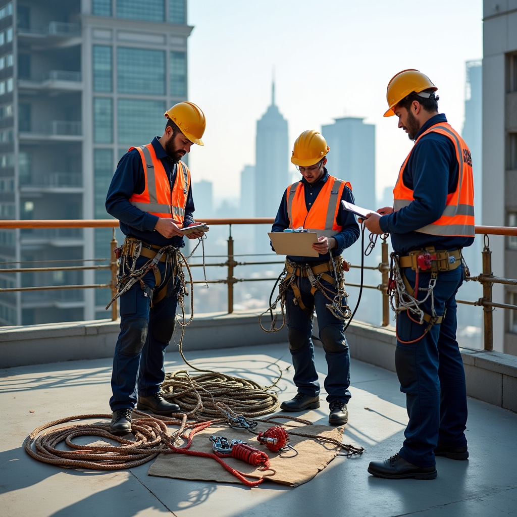 Certified rope access team preparing equipment before facade cleaning operation
