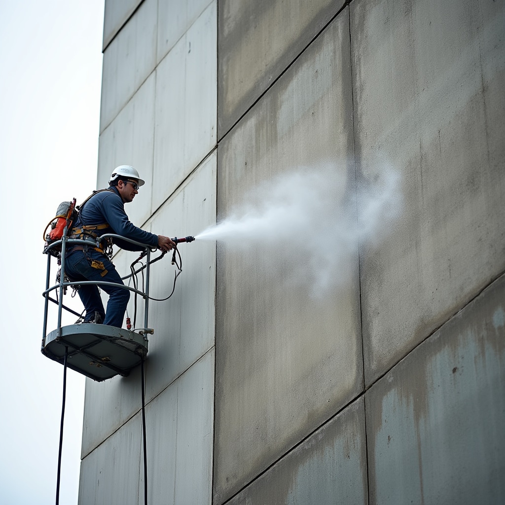 Exposed concrete facade during professional cleaning