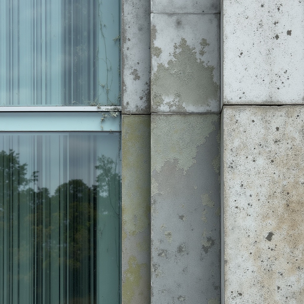 Different types of facade contamination visible on building surfaces