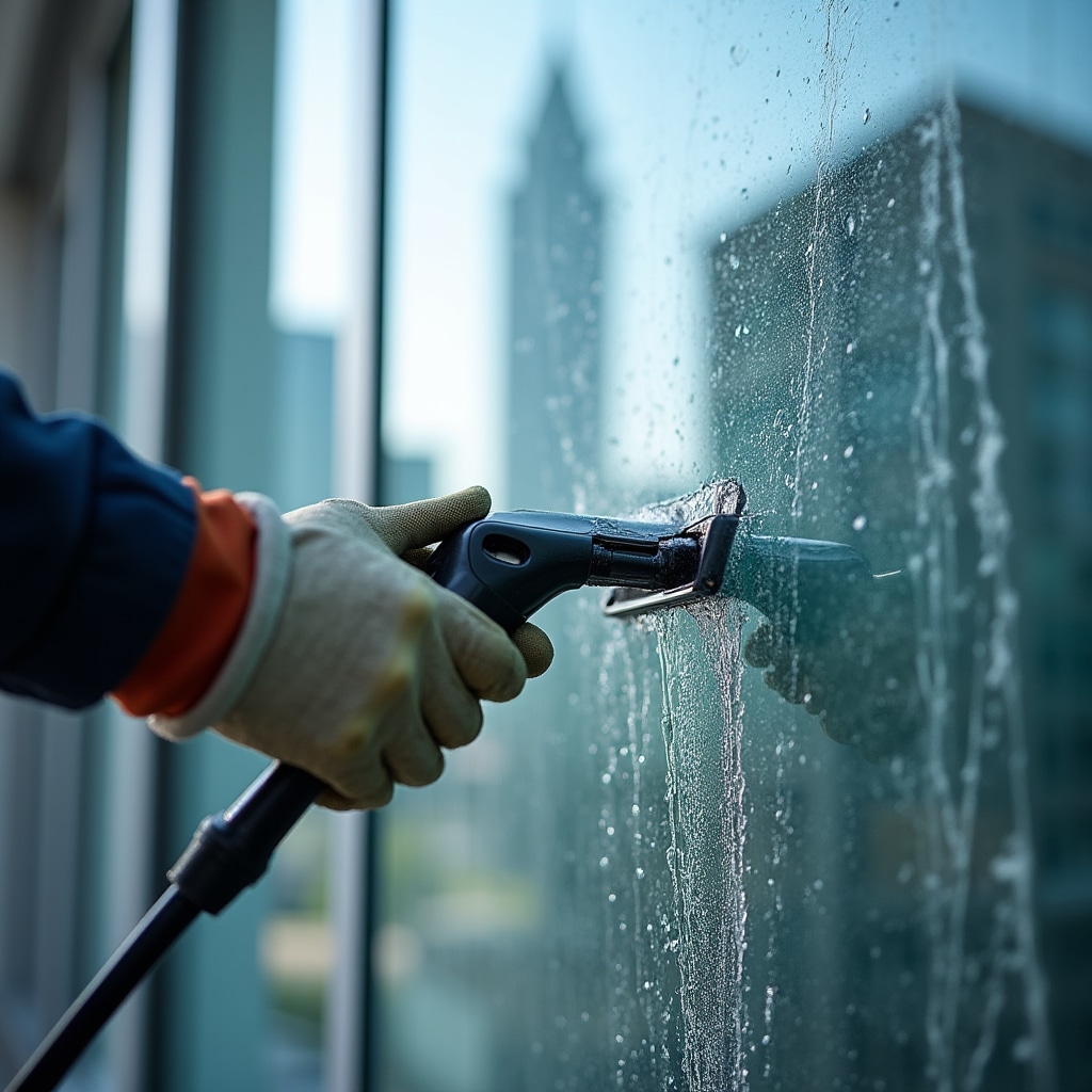 Close-up of glass facade cleaning process