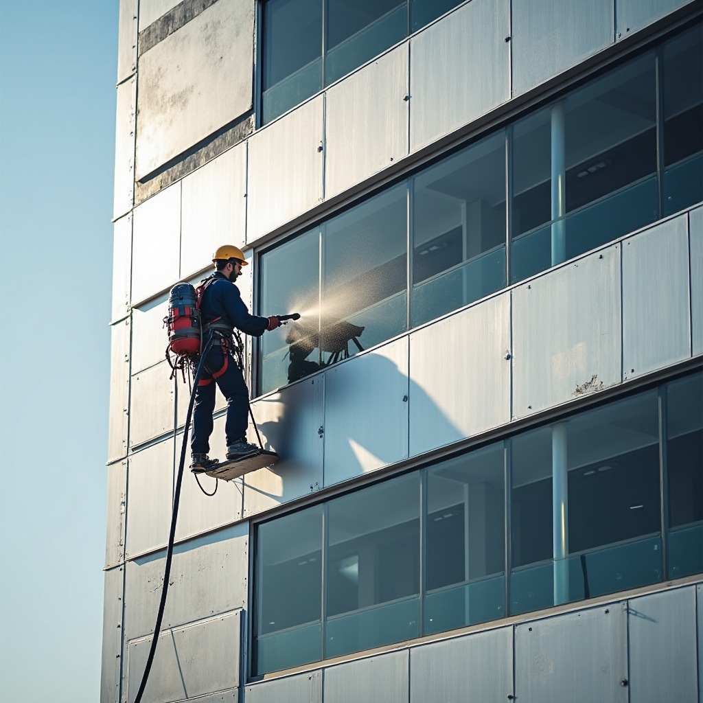 Metal panel facade cleaning operation