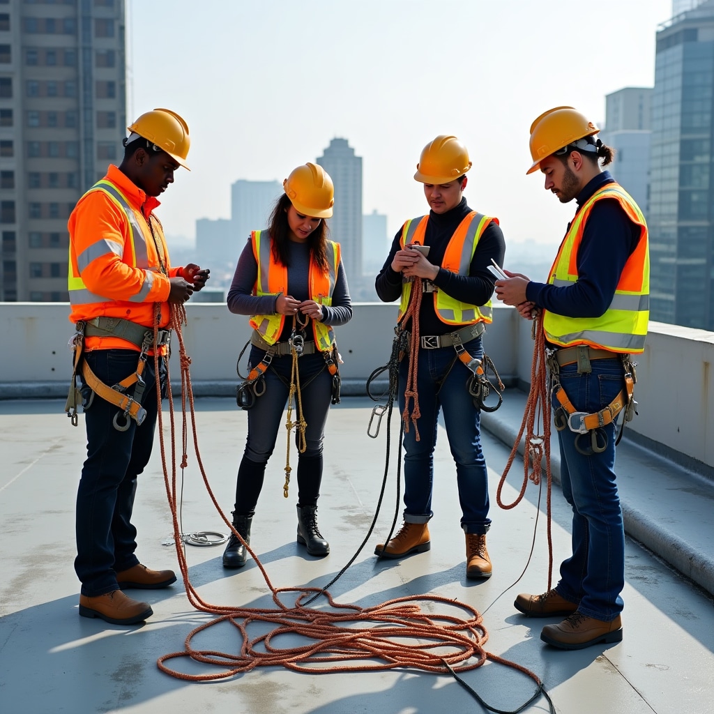 Rope access technicians reviewing safety equipment and procedures