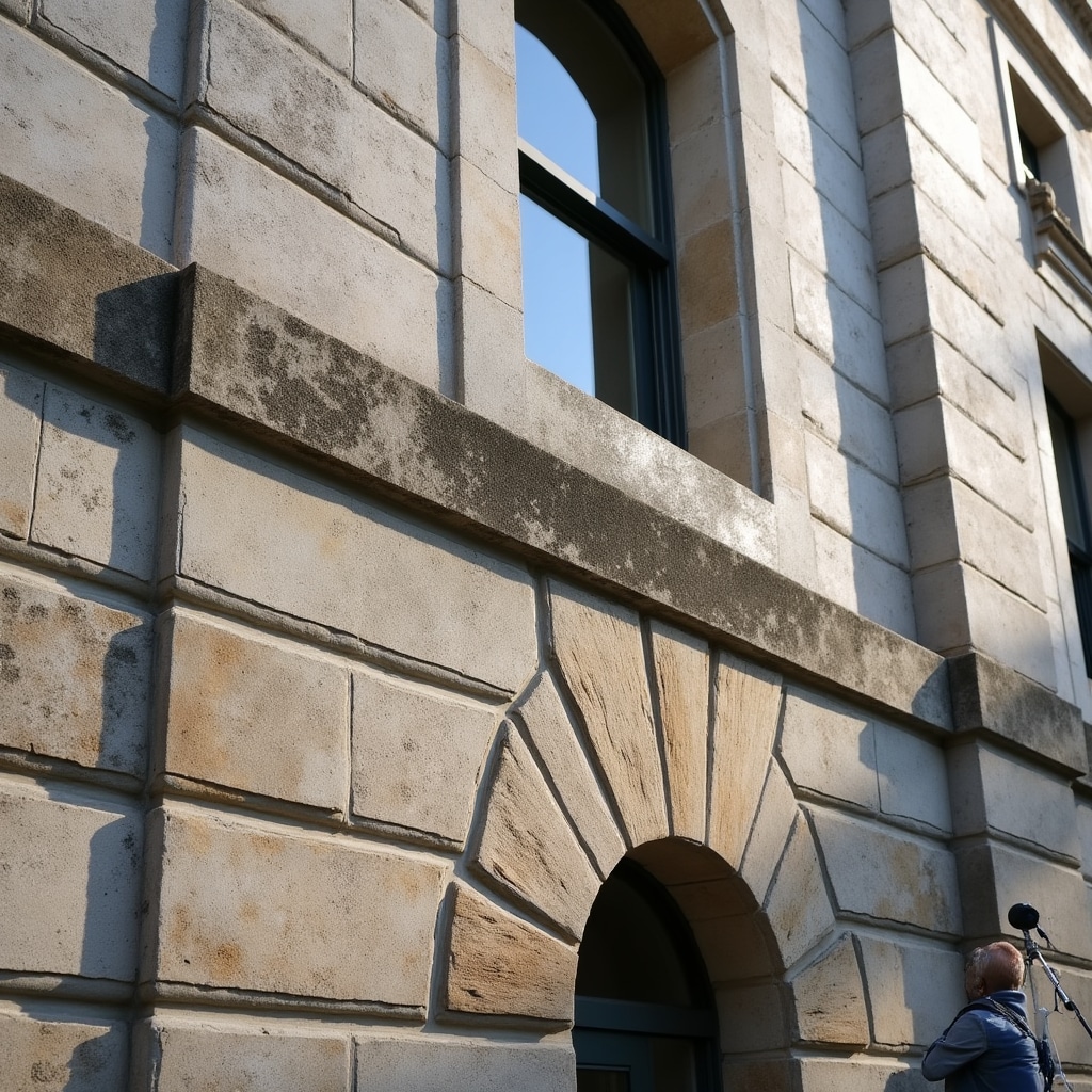 Natural stone facade receiving restoration cleaning